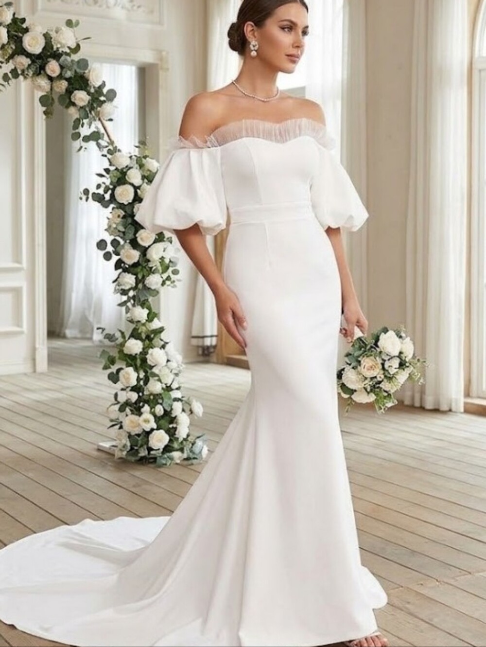 NEW Off Shoulder Contrast Mesh Mermaid Hem White Puff Sleeve Wedding Dre…